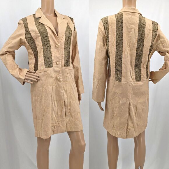 NWT Vintage 1990s Silk Box Longline Jacket Cream Patchwork Trench Gold Size 6 - Picture 2 of 15